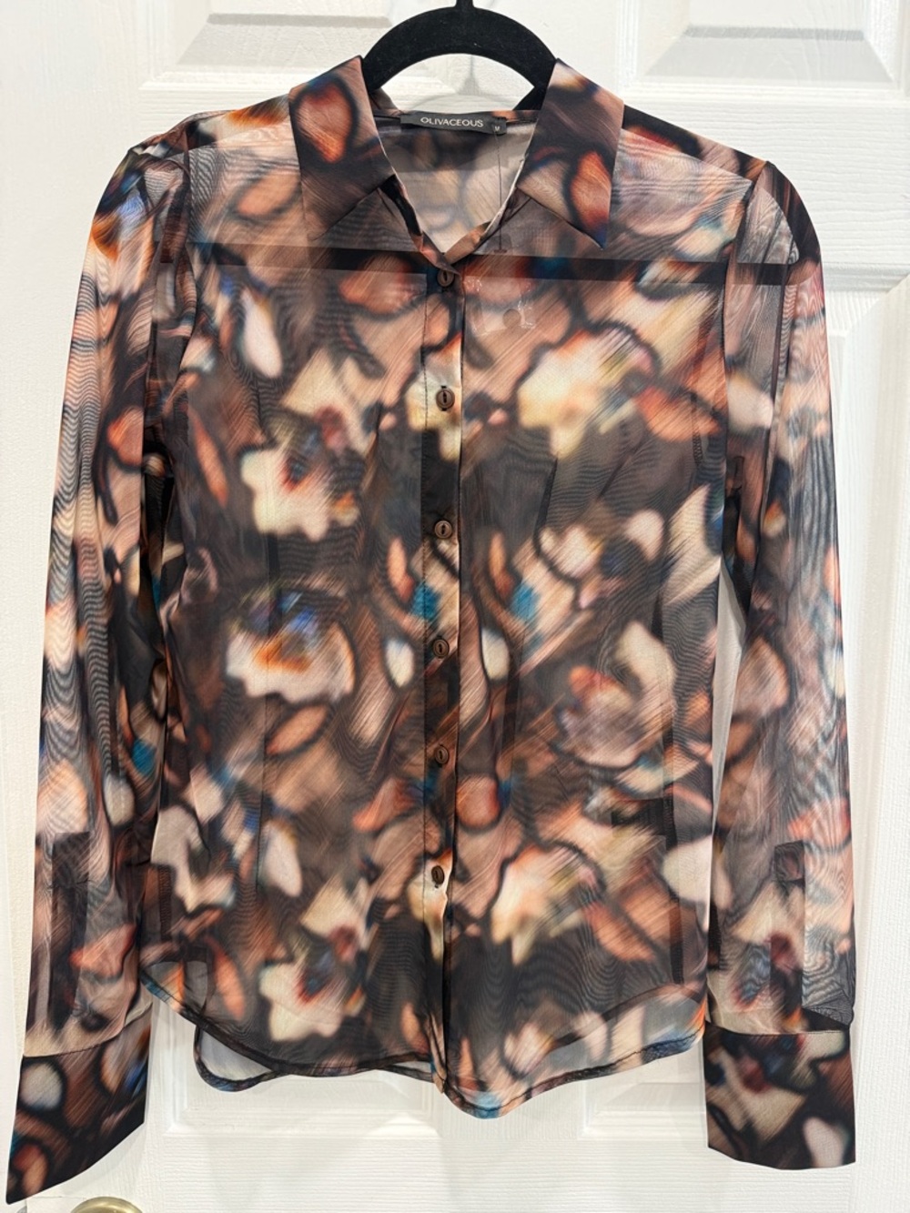 Olivaceous Sheer Mesh Print Blouse size Medium